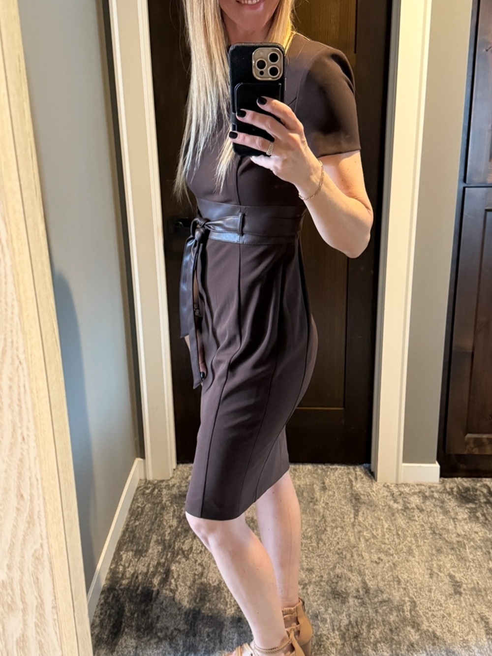 Calvin Klein Chocolate Brown Midi Sheath Dress with Faux-Leather Tie - Picture 6 of 12
